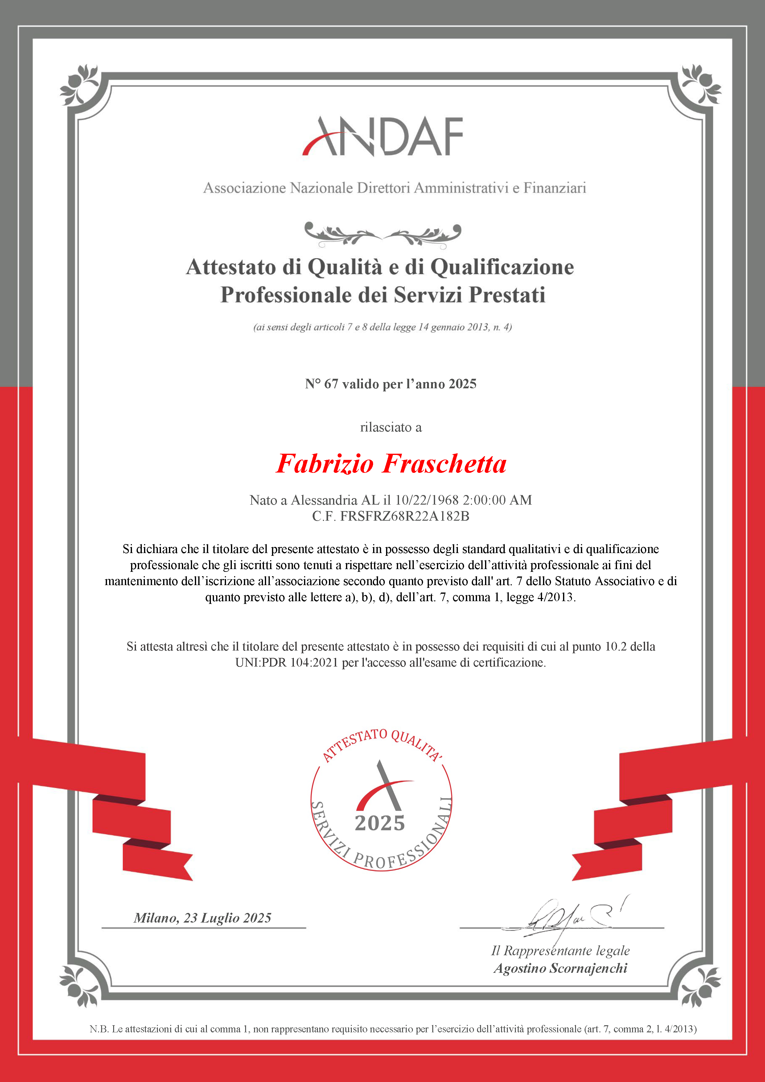 Attestato di Qualità e di Qualificazione Professionale dei Servizi Prestati